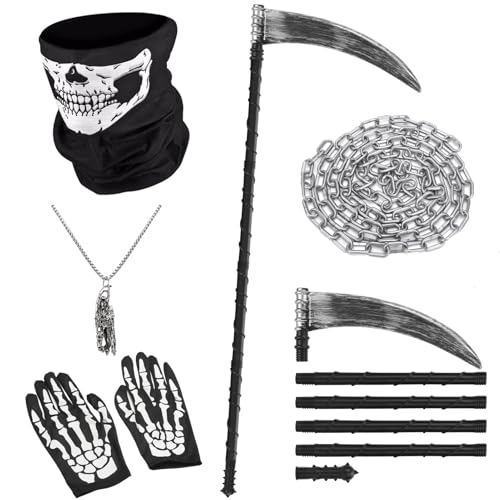 5 Stück Sensenmann Kostüm Zubehör Set,Zerlegbar Sense & Halskette Sensenmann Kette 3m,Handschuhe Skelett Maske Tod Kostüm Sense Halloween Grim Reaper Costume für Erwachsene Kinder Halloween Karneval von Tankermo