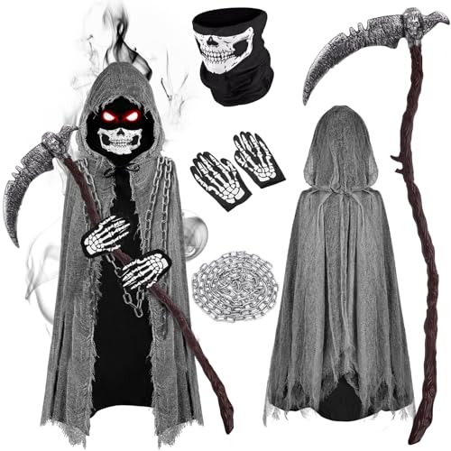 5er Sensenmann Kostüm Erwachsene - 130/150 cm Gruselige Sensenmann Umhang mit Sense & Maske & Kette & Handschuhe,Halloween Kostüm Herren Damen Grim Reaper Costume Tod Death Party Karneval Cosplay 5er Sensenmann Kostüm Erwachsene - 130/150 cm Gruselige Sensenmann Umhang mit Sense & Maske & Kette & Handschuhe,Halloween Kostüm Herren Damen Grim Reaper Costume Tod Death Party Karneval Cosplay von Tankermo