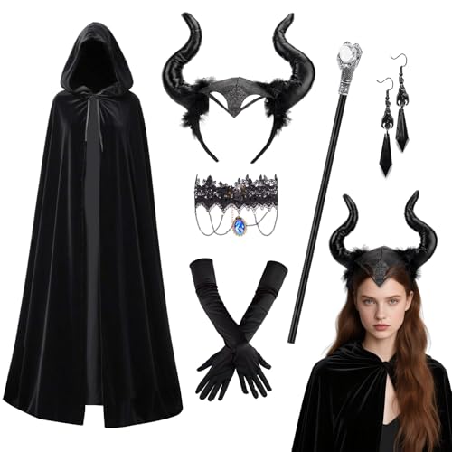 6 Stück Teufel Kostüm Damen Halloween Set,Schwarze Umhang mit Kapuze,Stab Teufelshörner Ohrringe Gothic Halskette Handschuhe für Halloweenkostüm Teufel Kostüm Damen Mädchen Karneval (150cm) von Tankermo