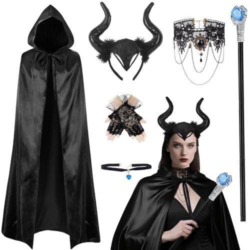 6Pcs Halloween Kostüm Damen Set - Malefiecent Kostüm Teufel Kostüm Damen mit Zauberstäbe & Teufelshörner Haarreif & Gothic Accessorie,Böse Königin Umhang mit Kapuze Teufelkostüm Halloween Karneval von Tankermo