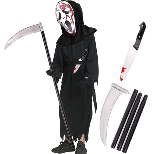 6er Halloween Kostüm Kinder Scream Set - Ghostface Kostüme 5-7 Jahre mit Maske & Blutiges Messer & Scary Movie Sense,Scream Kostüm Kinder Halloween Gruselig Horror Screen Costume Jungen Mädchen von Tankermo