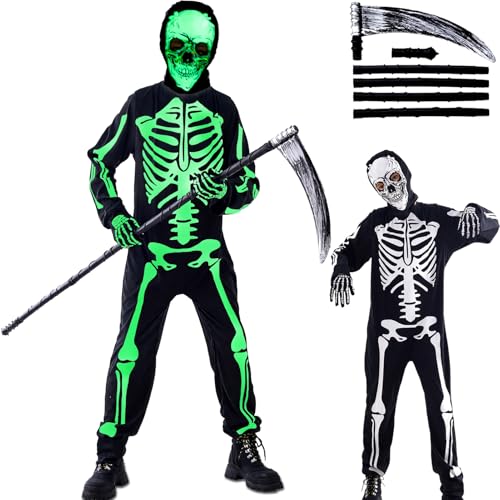 Deluxe Skelett Kostüm Kinder Set - Halloween Kostüm Kinder Leuchtendes Skelettkostüm mit Sense 138 cm,Scary Halloween Kostüme Skeleton Costume für Jungen und Mädchen S:6-8 Jahre von Tankermo