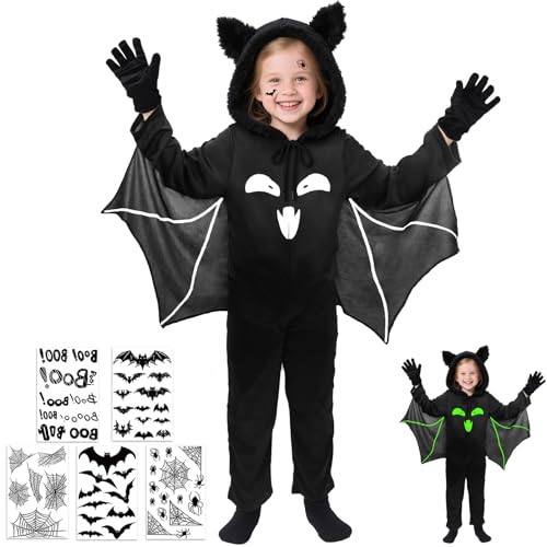 Fledermaus Kostüm Kinder,Unisex Halloween Kostüm Fledermaus Glow in the Dark mit Tattoo & Handschuhe,3-11 Jahre Fledermauskostüm Kinder Junge Mädchen Halloween Fledermausanzüge Karneval kostüme(L) von Tankermo