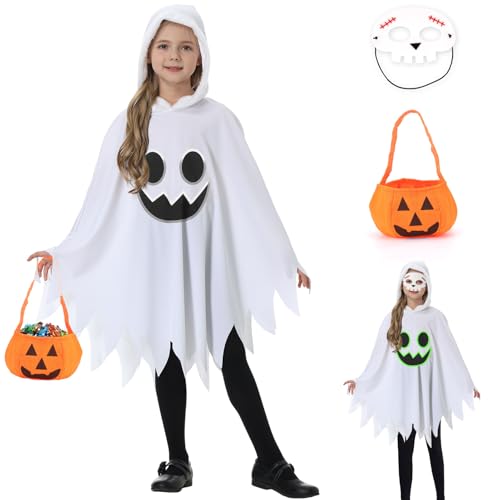 Geister Kostüm Kinder S/L - Halloween Umhang Fluoreszierenden mit Kürbis Bag & Masken Handschuhe,Weiß Geist Kostüm Kinder Gespenster mit Kapuze für Jungen Mädchen Halloween Karneval Cosplay Geister Kostüm Kinder S/L - Halloween Umhang Fluoreszierenden mit Kürbis Bag & Masken Handschuhe,Weiß Geist Kostüm Kinder Gespenster mit Kapuze für Jungen Mädchen Halloween Karneval Cosplay von Tankermo