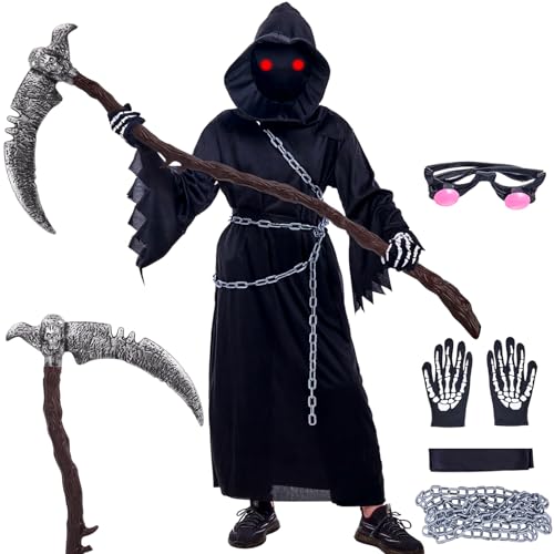 7er Sensenmann Kostüm Kinder mit Deluxe Sense(123 cm) & Leuchtenden Augen Set,Halloween Kostüm Kinder Gruselige Grim Reaper Tod Geisterkostüm Jungen Mädchen Costume Cosplay Outfit Party von Tankermo