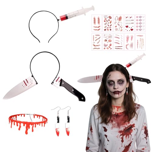 Halloween Messer Haarreif Set,Messer im Kopf Haarschmuck für Damen & Messer Ohrringe & Blutige Halskette & Narben-Tattoos,Halloween Kostüm Accessoire Kopfschmuck Damen Horror Blutige Schere von Tankermo