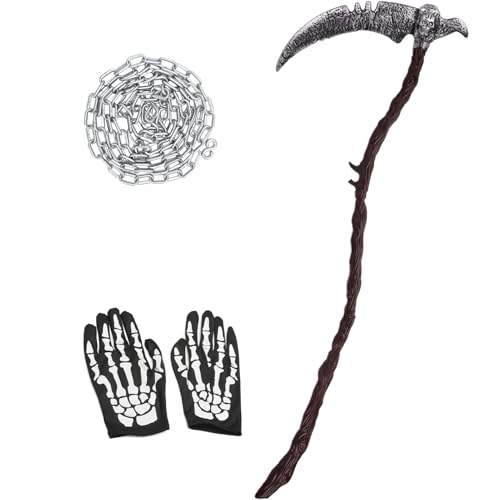 Tankermo Halloween Accessoires - Sense Tod & 300cm Kette & Skull Handschuhe Set,Halloween Sense Sichel Sensenmann Erwachsene Kinder Kostümzubehör von Tankermo