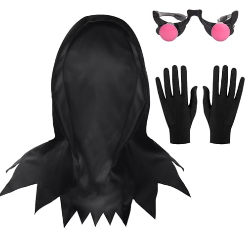 Tankermo Halloween Maske & Leuchtbrillen & Handschuhe & Gürtel,4 Stück Einheitsgröße Maske Schwarz Kostüm Set,Mörder Kostüm Sensenmann Kostümzubehör für Erwachsene Unisex Gruselfeste Geister von Tankermo