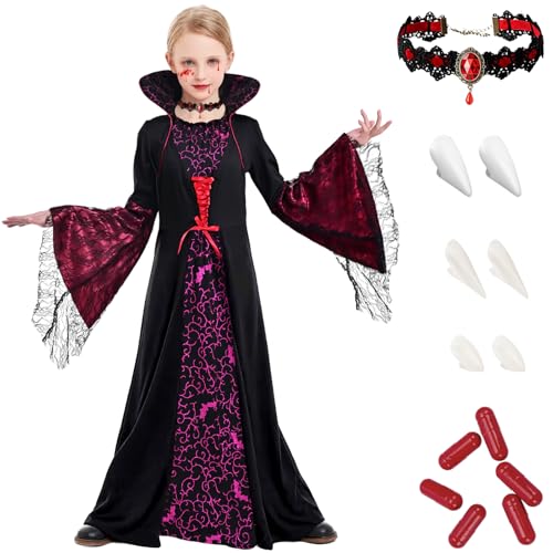 Tankermo Mittelalter Vampir Kostüm Mädchen - 8er - Spitze Gotisch Halloween Kostüm Mädchen Royal Vampir Kleid mit Vampirzähne & Kunstblut Set,Vampirin Queen Kostüm für Verkleidung Dress Up Party(L) von Tankermo