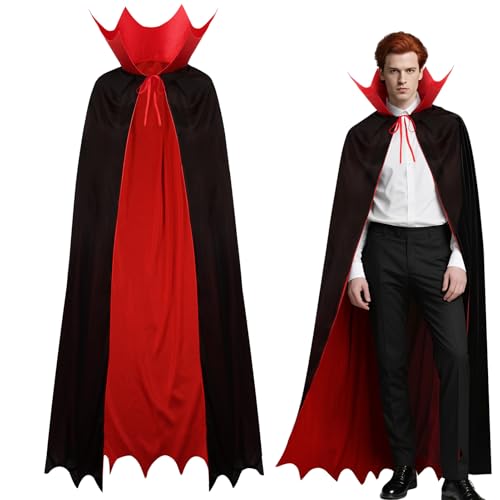 Vampir Umhang mit Gothic Stehkragen,Deluxe Mittelalterliche Vampir Kostüm Herren Damen,150 cm Halloween Umhang Vampirumhang Erwachsene Dracula Cape für Fasching Karneval,Schwarz Rot Beidseitig von Tankermo