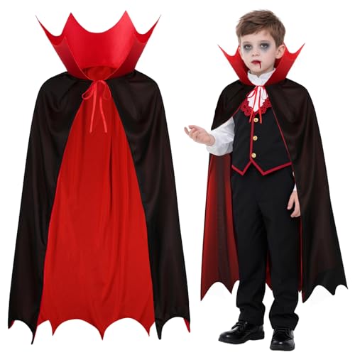 Vampir Umhang mit Gothic Stehkragen,Deluxe Mittelalterliche Vampir Kostüm Kinder,120 cm Vampirumhang Halloween Umhang Jungen Mädchen Dracula Cape für Fasching Karneval,Schwarz Rot Beidseitig von Tankermo