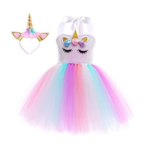 Tante Tina Einhorn Prinzessin Mädchen Kleid Kostüm mit Regenbogen Tutu - Weiß Einhorn - Große L (116) von Tante Tina