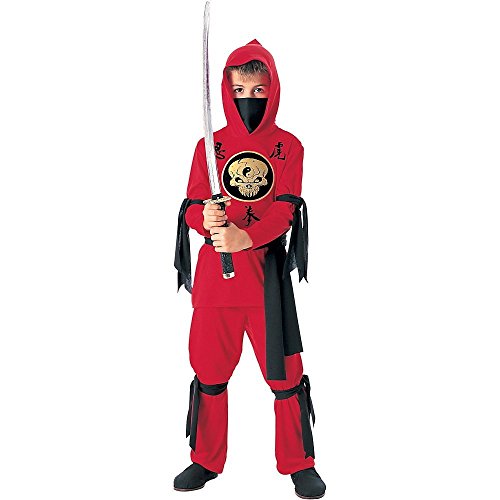 Tante Tina Ninja Verkleidung Kinder - 3-teiliges Ninja Kostüm für Jungen mit langärmligen Kapuzenoberteil, Hose und Gürtel - Rot/Schwarz - Größe L (140) - für Kinder von 7 bis 10 von Tante Tina