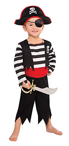 Tante Tina Piratenkostüm Jungen - 5-teiliges Piratenkostüm für Jungen mit Tunika, Hose, Gürtel, Augenklappe und Kopfband - Schwarz/Rot/Weiß - Größe M (128) - für Kinder von 5 bis 7 Jahren von Tante Tina