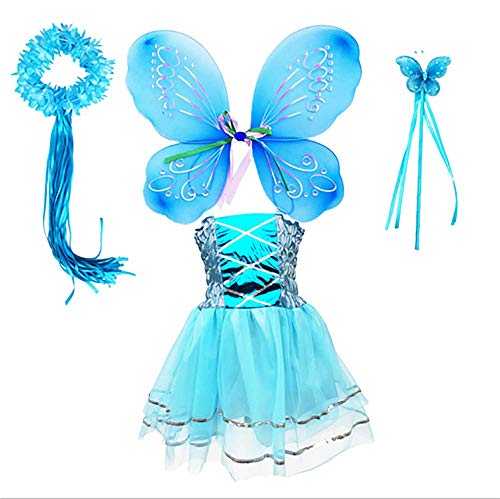 Tante Tina Schmetterling Feenkostüm Mädchen - 4-teiliges Mädchen Kostüm mit Tüllkleid, Flügel, Zauberstab und Haarreif - Blau - geeignet für Kinder von 2 bis 8 Jahren von Tante Tina