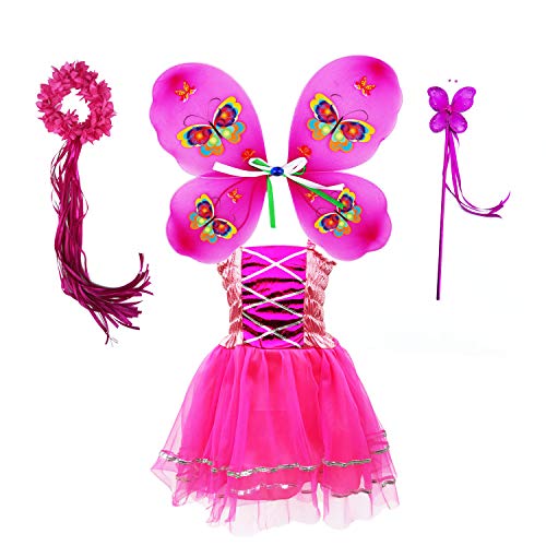 Tante Tina Schmetterling Feenkostüm Mädchen - 4-teiliges Mädchen Kostüm mit Tüllkleid, Flügel, Zauberstab und Haarreif - Fuchsia - geeignet für Kinder von 2 bis 8 Jahren von Tante Tina