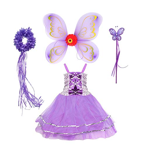 Tante Tina Schmetterling Feenkostüm Mädchen - 4-teiliges Mädchen Kostüm mit Tüllkleid, Flügel, Zauberstab und Haarreif - Lila- geeignet für Kinder von 2 bis 8 Jahren von Tante Tina