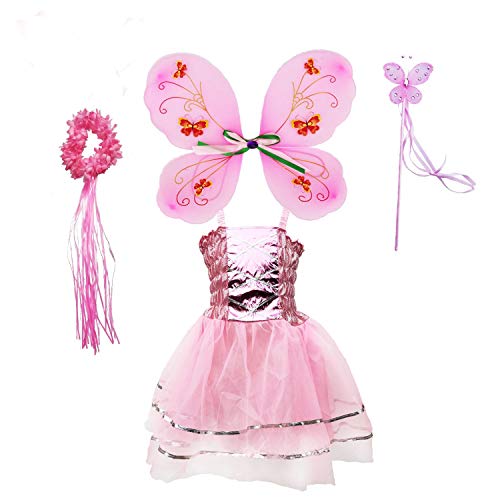 Tante Tina Schmetterling Feenkostüm Mädchen - 4-teiliges Mädchen Kostüm mit Tüllkleid, Flügel, Zauberstab und Haarreif - Rosa - geeignet für Kinder von 2 bis 8 Jahren von Tante Tina