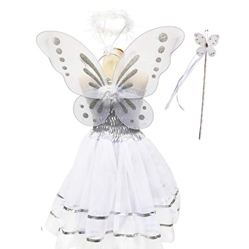 Tante Tina Schmetterling Feenkostüm Mädchen - 4-teiliges Mädchen Kostüm mit Tüllkleid, Flügel, Zauberstab und Haarreif - Weiss - geeignet für Kinder von 2 bis 8 Jahren von Tante Tina
