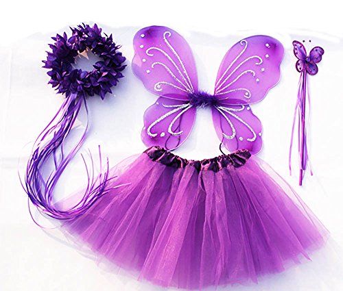 Tante Tina Schmetterling Kostüm Mädchen - 4-teiliges Mädchen Kostüm Schmetterling mit Tüllrock, Flügel, Zauberstab und Haarkranz - Lila - geeignet für Kinder von 2 bis 8 Jahren von Tante Tina