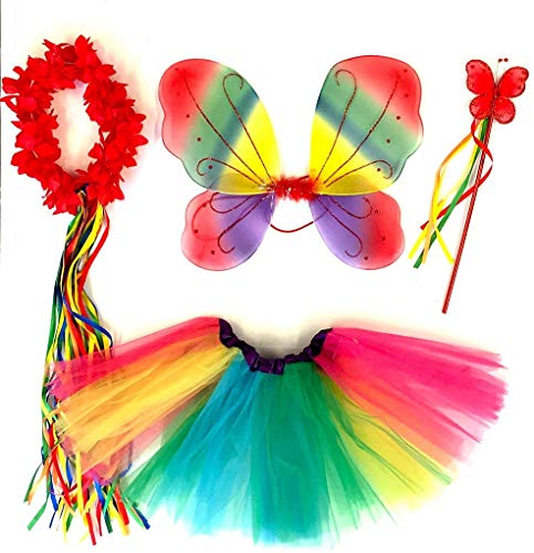 Tante Tina Schmetterling Kostüm Mädchen - 4-teiliges Mädchen Kostüm Schmetterling mit Tüllrock, Flügel, Zauberstab und Haarkranz - Regenbogen Rot - geeignet für Kinder von 2 bis 8 Jahren von Tante Tina