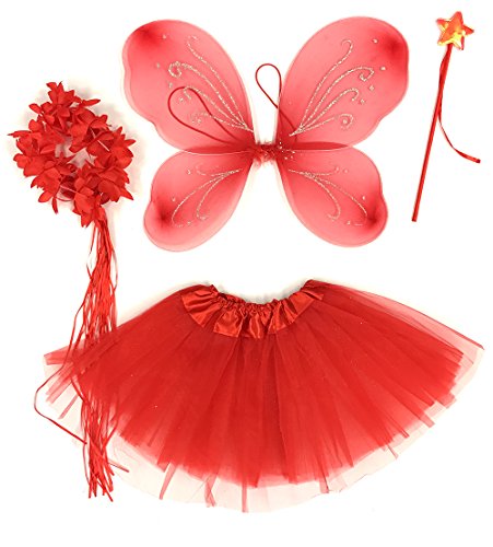Tante Tina Schmetterling Kostüm Mädchen - 4-teiliges Mädchen Kostüm Schmetterling mit Tüllrock, Flügel, Zauberstab und Haarkranz - Rot - geeignet für Kinder von 2 bis 8 Jahren von Tante Tina