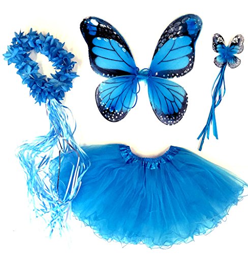Tante Tina Schmetterling Kostüm Mädchen - 4-teiliges Mädchen Kostüm Schmetterling mit Tüllrock, Flügel, Zauberstab und Haarreif - Monarchfalter Blau - geeignet für Kinder von 2 bis 8 Jahren von Tante Tina