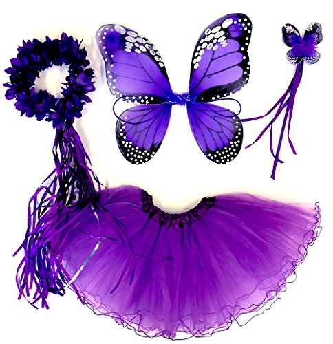 Tante Tina Schmetterling Kostüm Mädchen - 4-teiliges Mädchen Kostüm Schmetterling mit Tüllrock, Flügel, Zauberstab und Haarreif - Monarchfalter Lila - geeignet für Kinder von 2 bis 8 Jahren von Tante Tina