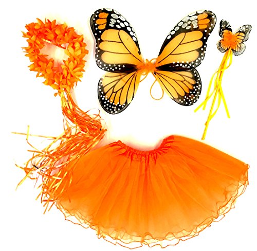 Tante Tina Schmetterling Kostüm Mädchen - 4-teiliges Mädchen Kostüm Schmetterling mit Tüllrock, Flügel, Zauberstab und Haarreif - Monarchfalter Orange - geeignet für Kinder von 2 bis 8 Jahren von Tante Tina