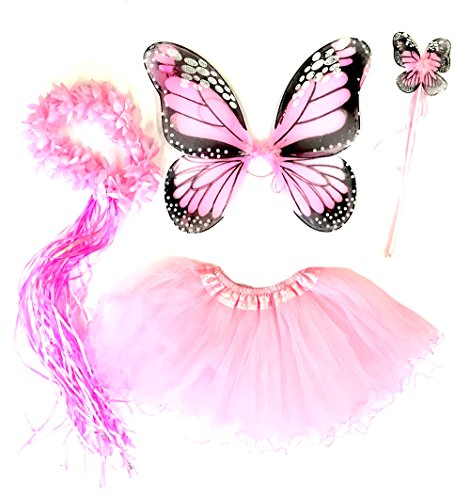Tante Tina Schmetterling Kostüm Mädchen - 4-teiliges Mädchen Kostüm Schmetterling mit Tüllrock, Flügel, Zauberstab und Haarreif - Monarchfalter Rosa - geeignet für Kinder von 2 bis 8 Jahren von Tante Tina