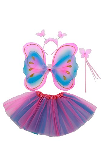 Tante Tina Schmetterling Kostüm Mädchen - 4-teiliges Mädchen Kostüm Schmetterling mit Tüllrock, Flügel, Zauberstab und Haarreif - Pink/Violett/Blau - geeignet für Kinder von 2 bis 8 Jahren von Tante Tina