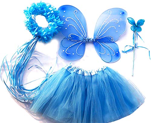Tante Tina Schmetterling Kostüm Mädchen - 4-teiliges Mädchen Kostüm Schmetterling mit Tüllrock, Flügel, Zauberstab und Harrkranz - Blau - geeignet für Kinder von 2 bis 8 Jahren von Tante Tina