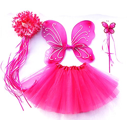 Tante Tina Schmetterling Kostüm Mädchen - 4-teiliges Mädchen Kostüm Schmetterling mit Tüllrock, Flügel, Zauberstab und Haarkranz - Fuchsia - geeignet für Kinder von 2 bis 8 Jahren von Tante Tina