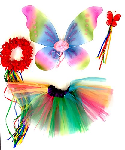 Tante Tina Schmetterling Kostüm Mädchen - 4-teiliges Mädchen Kostüm Schmetterling mit Tüllrock, Flügel, Zauberstab und Haarkranz - Regenbogen Rosa - geeignet für Kinder von 2 bis 8 Jahren von Tante Tina