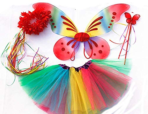 Tante Tina Schmetterling Kostüm Mädchen - 4-teiliges Mädchen Kostüm Schmetterling mit Tüllrock, Flügel, Zauberstab und Haarkranz - Regenbogen - geeignet für Kinder von 2 bis 8 Jahren von Tante Tina