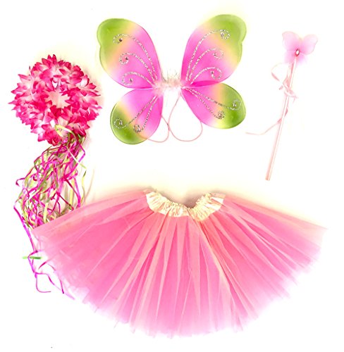 Tante Tina Schmetterling Kostüm Mädchen - 4-teiliges Mädchen Kostüm Schmetterling mit Tüllrock, Flügel, Zauberstab und Haarkranz - Rosa/Grün - geeignet für Kinder von 2 bis 8 Jahren von Tante Tina
