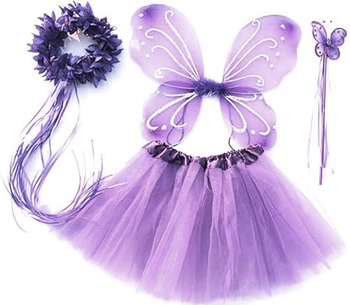 Tante Tina Schmetterling Kostüm Mädchen - 4-teiliges Mädchen Kostüm Schmetterling mit Tüllrock, Flügel, Zauberstab und Haarkranz - Violett - geeignet für Kinder von 2 bis 8 Jahren von Tante Tina