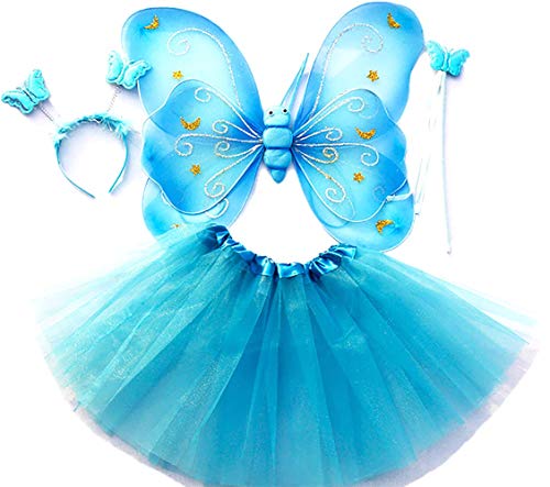 Tante Tina Schmetterling Kostüm Mädchen - 4-teiliges Mädchen Kostüm Schmetterling mit Tüllrock, Flügel, Zauberstab und Haarreif - Blau - geeignet für Kinder von 2 bis 8 Jahren von Tante Tina