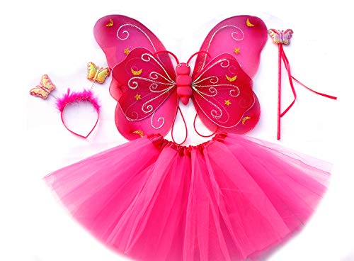 Tante Tina Schmetterling Kostüm Mädchen - 4-teiliges Mädchen Kostüm Schmetterling mit Tüllrock, Flügel, Zauberstab und Haarreif - Fuchsia - geeignet für Kinder von 2 bis 8 Jahren von Tante Tina