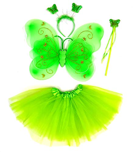 Tante Tina Schmetterling Kostüm Mädchen - 4-teiliges Mädchen Kostüm Schmetterling mit Tüllrock, Flügel, Zauberstab und Haarreif - Grün - geeignet für Kinder von 2 bis 8 Jahren von Tante Tina