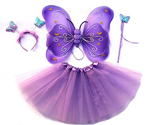 Tante Tina Schmetterling Kostüm Mädchen - 4-teiliges Mädchen Kostüm Schmetterling mit Tüllrock, Flügel, Zauberstab und Haarreif - Lila - geeignet für Kinder von 2 bis 8 Jahren von Tante Tina