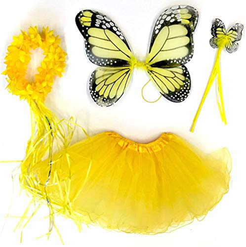 Tante Tina Schmetterling Kostüm Mädchen - 4-teiliges Mädchen Kostüm Schmetterling mit Tüllrock, Flügel, Zauberstab und Haarreif - Monarchfalter Gelb - geeignet für Kinder von 2 bis 8 Jahren von Tante Tina
