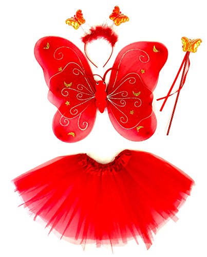 Tante Tina Schmetterling Kostüm Mädchen - 4-teiliges Mädchen Kostüm Schmetterling mit Tüllrock, Flügel, Zauberstab und Haarreif - Rot - geeignet für Kinder von 2 bis 8 Jahren von Tante Tina