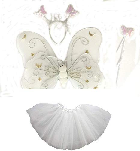 Tante Tina Schmetterling Kostüm Mädchen - 4-teiliges Mädchen Kostüm Schmetterling mit Tüllrock, Flügel, Zauberstab und Haarreif - Weiß - geeignet für Kinder von 2 bis 8 Jahren von Tante Tina