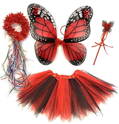 Tante Tina Schmetterling Kostüm Mädchen - 4-teiliges Mädchen Kostüm Schmetterling mit Tüllrock, Flügel, Zauberstab und Haarreif - Monarchfalter Rot - geeignet für Kinder von 2 bis 8 Jahren von Tante Tina