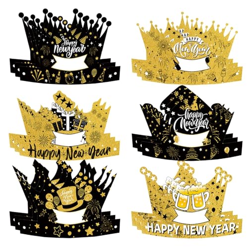 Neujahrsmütze, Neujahrsmütze, 18 x Papierhüte, tragbar, Krone, Neujahrs-Kopfbedeckung, Foto-Requisiten, Tiara, Schwarz und Gold für Jungen, Mädchen, Erwachsene und Jugendliche von Tanxemery