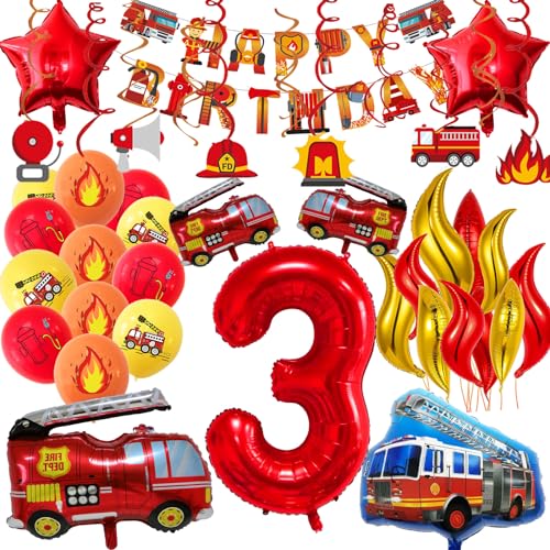 Feuerwehr Deko Kindergeburtstag, 3 Jahre Feuerwehr Geburtstag Deko, 42 Stück Geburtstags Dekorationen,Enthält banner, Feuerwehrauto ballon,Dedruckte luftballons,Flammen ballons,Swirl Decoration von TaoLiMuTX