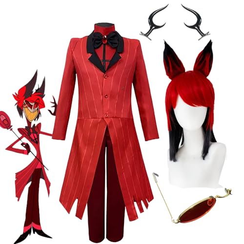 Taoyuany Alastor Cosplay Hazbin Hotel Anzug - Alastor Kostüm Mit Perücke Monokel Cosplay Hörner, Halloween Karneval Frack Kostüm Rot von Taoyuany