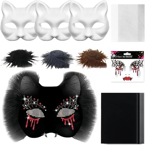 10 Stück Therian Mask Set, Diy Leere Halbe Gesichts Katzenmaske Mit Filzstoffstück, Kunstfellplüsch Und Augennetzfilzstoffblech, Furry Cat Mask, Katzen Maske für Maskenpartys Cosplay Party (Vampir) 10 Stück Therian Mask Set, Diy Leere Halbe Gesichts Katzenmaske Mit Filzstoffstück, Kunstfellplüsch Und Augennetzfilzstoffblech, Furry Cat Mask, Katzen Maske für Maskenpartys Cosplay Party (Vampir) von Tarange