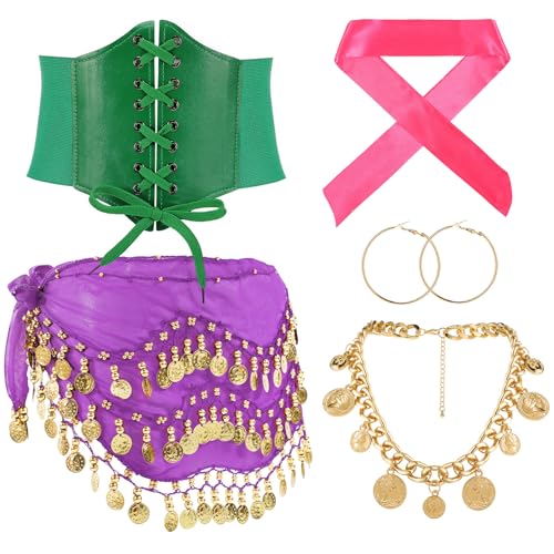 Tarpop 5 Stück Halloween-Kostüm für Damen, -Kostüm, Zubehör, Münzen, Taillenkette, Taillensiegel, Schal, Ohrringe, Halskette, Violett, length57 inches von Tarpop